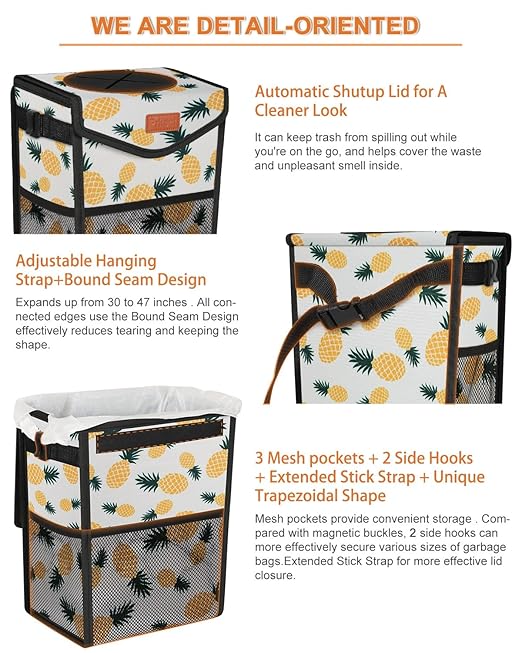 Car Trash Can with Lid, Cute Leakproof Car Trash Garbage Bag Hanging Vehicle Trash Bin Small Portable Automotive Garbage Cans Organizer for Back/Front Seat/Console(2.8 gal,Pineapple Print