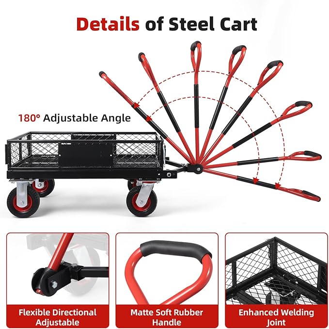 Collapsible Foldable Steel Garden Cart 360lbs, Heavy Duty Folding Utility Wagon Cart w Removable Mesh Sides, All-Terrain Wheels & 180° Rotating Handle for Camping Shopping