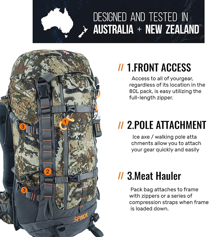SPIKA Hunting Backpacks for Men, Meat Hauler Frame Pack with Rifle Holder, 40L/80L Extendable + Capacity for Bow Rifle Gun