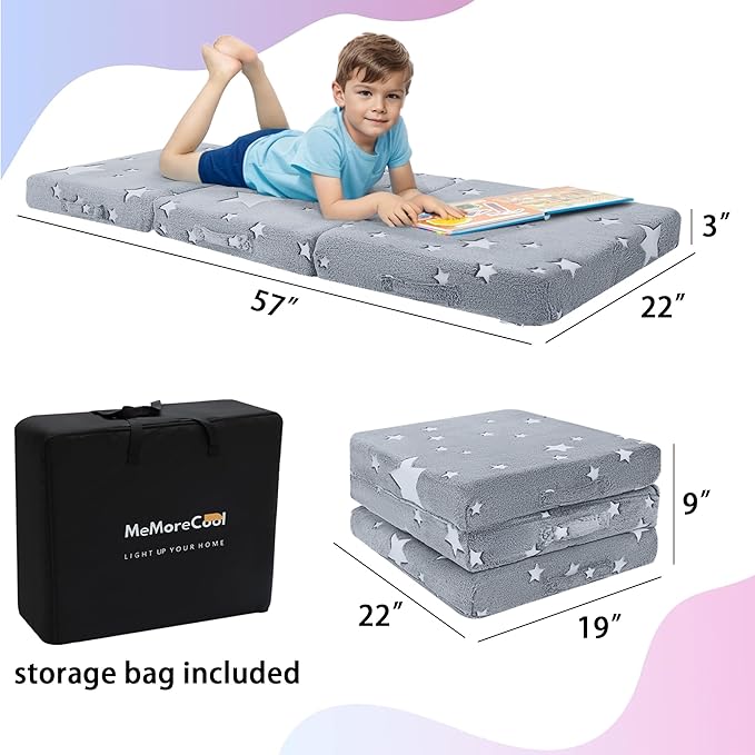 MeMoreCool Glow Star Pattern Foldable Floor Mattress for Kids, Trifold Nap Mat for Toddlers, Portable Daycare Sleeping Futon or Floor Bed, 57x22 Inch