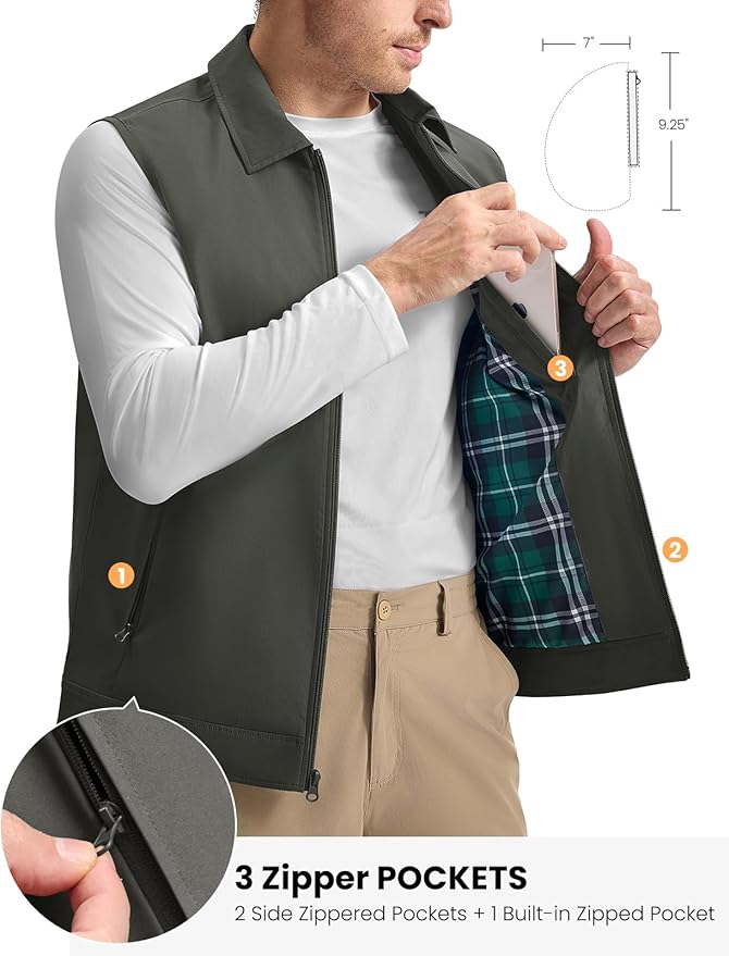 TBMPOY Men's Vest Casual Lightweight Thin Utility 3 Zip Pockets Stylish Sleeveless Jackets Summer Fall Golf Travel Business