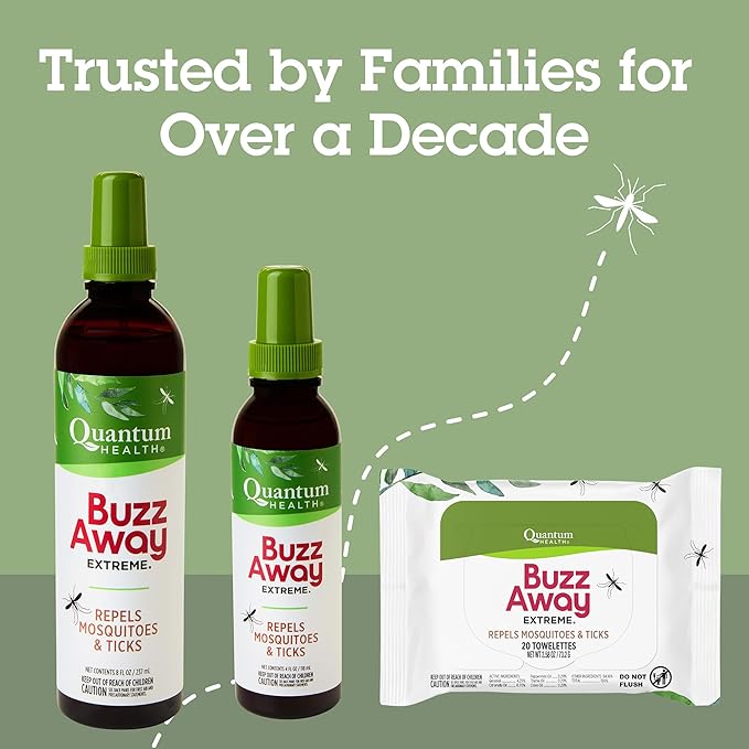 Quantum Buzz Away Extreme Tick & Mosquito Repellent - Powerful DEET Free Peppermint & Citronella Oil Outdoor Bug Spray Repels Bugs Off Your Skin, Kids Safe Insect Repellent - 4 fl oz