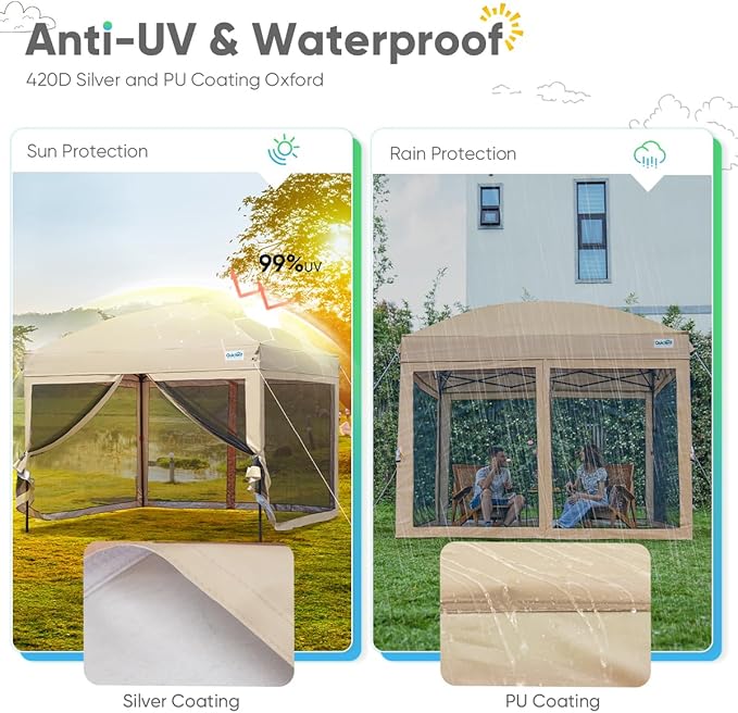 Quictent 10’x10’ Pop up Canopy Tent with Netting, One Person Instant Setup Screen House Room Tent Screened- 2 Magnetic Doors Waterproof (Tan)