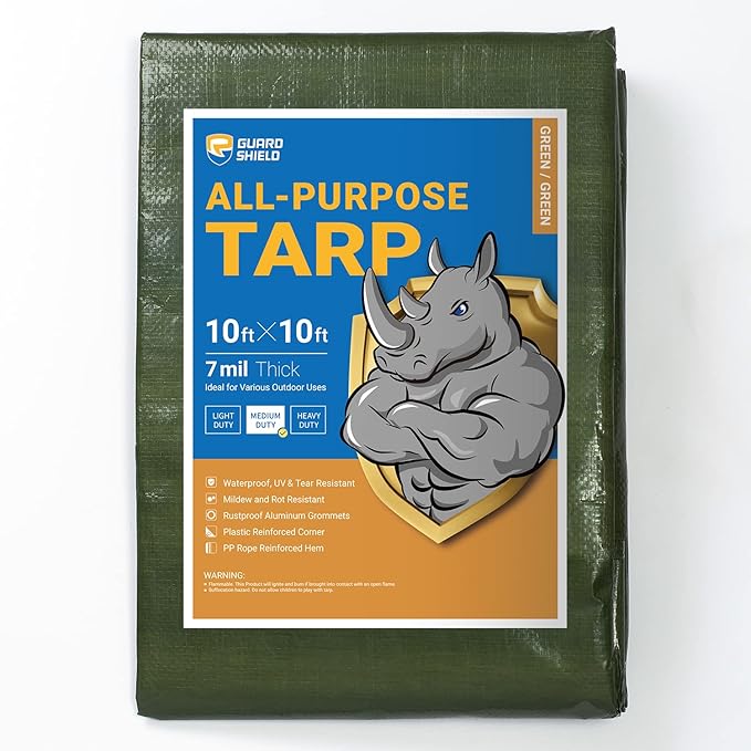 GUARD SHIELD Green Tarp Waterproof 10x10 Feet Medium Duty All Purpose Poly Tarps Cover 7mil