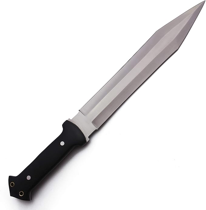 GCS Handmade Survival Hunting Knife and Bowie Black G10 Handle with Brown Leather Right or Left Hand Horizontal Fixed Blade Knife Sheath & Sharpening Stone (D2-16.5" Trail Master