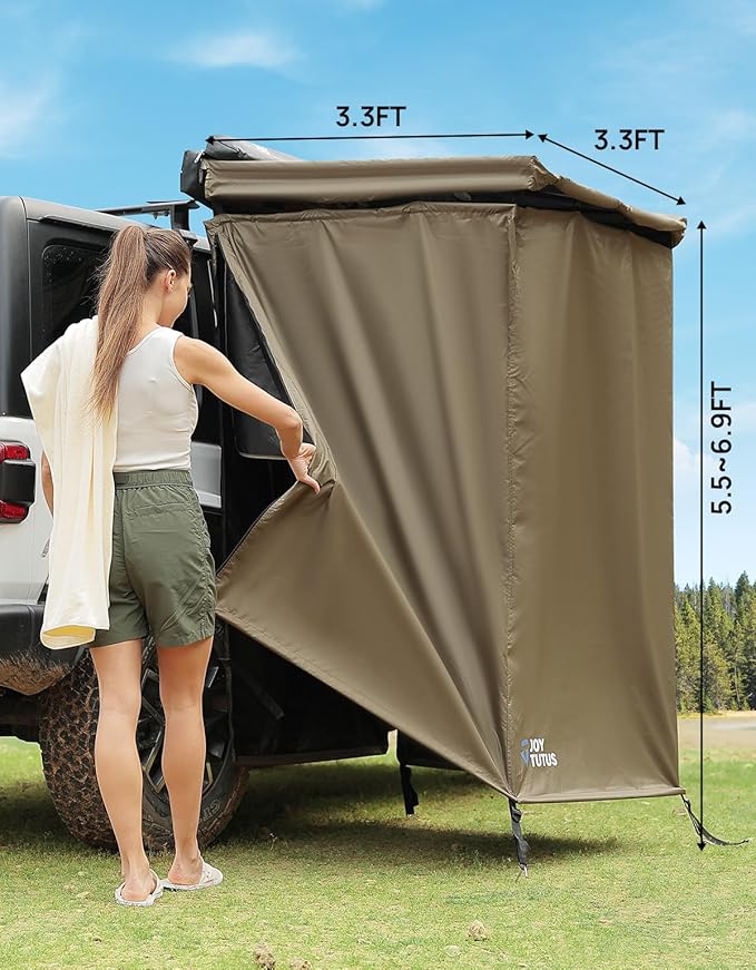 JOYTUTUS Car Shower Tent with Roof, Full Privacy Protection, Dry and Wet Separation Zones and Pockets, 1000D Waterproof Awning Shower Tent, Heavy-Duty Stakes, Outdoor Shower for Overland SUVs