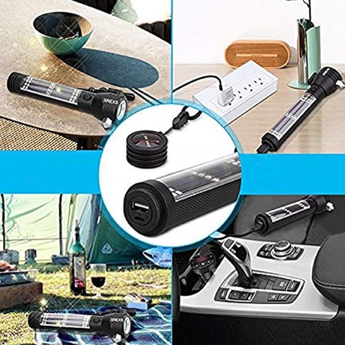 XREXS Solar & USB Rechargeable LED Flashlight (Portable, Strong)- Car Emergency & Roadside Kit | Power Outage Rescue Light | for Hiking, Camping, Outdoor | 2000mAh Battery & 7 Working Modes