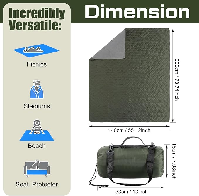 Tranqun 2 Large Outdoor Blanket 78'' x 55'' Quilted Windproof Waterproof Fleece Sandproof Stadium Foldable Warm Blanket for Camping Picnic Sporting Events Cold Weather (Military Green)
