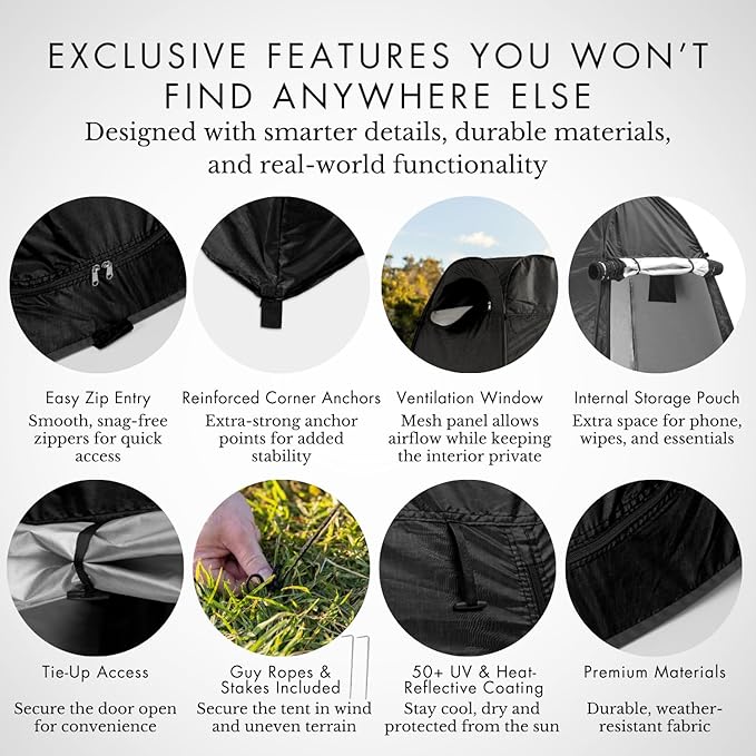 Pop Up Privacy Tent for Portable Toilet. Camp Shower or Changing Tent, Water-Repellent, Compact, UV-Protective. Ideal for Beach, Hiking, Camping Essentials and Festivals. Includes Carry Bag.