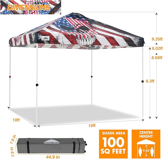 EAGLE PEAK Pop Up Canopy Tent with Wheeled Carry Bag, 8 Stakes, 4 Ropes, 4 Weight Bags, Easy Set Up Tent Canopy, 10x10 ft, 100sqft of Shade, Americana Skull