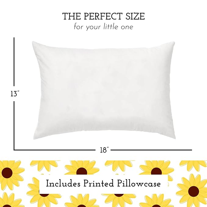 Little Sleepy Head Toddler Pillow with Pillowcase 13x18 - Kids Pillow for Sleeping - Toddler Pillow - Better Neck Support Ergonomic Pillow and Toddler Pillowcase - Best Pillows for Kids (Sunflowers)