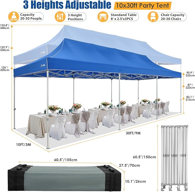 HOTEEL 10x30 Pop up Canopy Tent for Parties, Heavy Duty Easy Setup Tent with 8 Sidewalls, Outdoor Commercial Instant Gazebo for Wedding Event, with Portable Bag & Sand Bags, Blue(Hexagonal Frame)