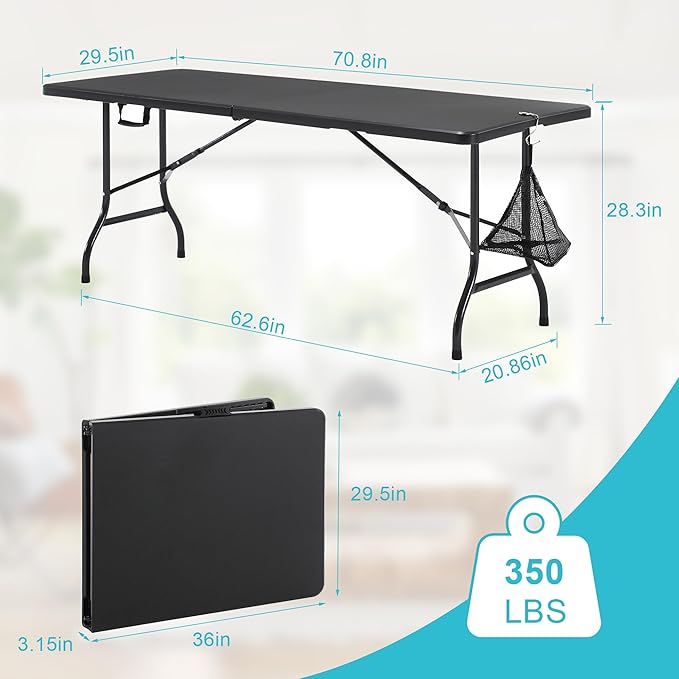 VECELO 6Ft Plastic Folding Table, Indoor Outdoor Portable Picnic Foldable Desk with Handle, Mesh Trash Bag&Lock Legs Heavy Duty for Camping,Dining&Party,Jet Black