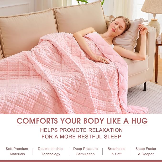 Weighted Blanket for Adults (15lbs, 48"x72" Twin Size) - Minky Heavy Blanket Microfiber for 120-160lbs with Premium Glass Beads - Soft Thick Blanket for All-Season Sleeping Comfort - Pink
