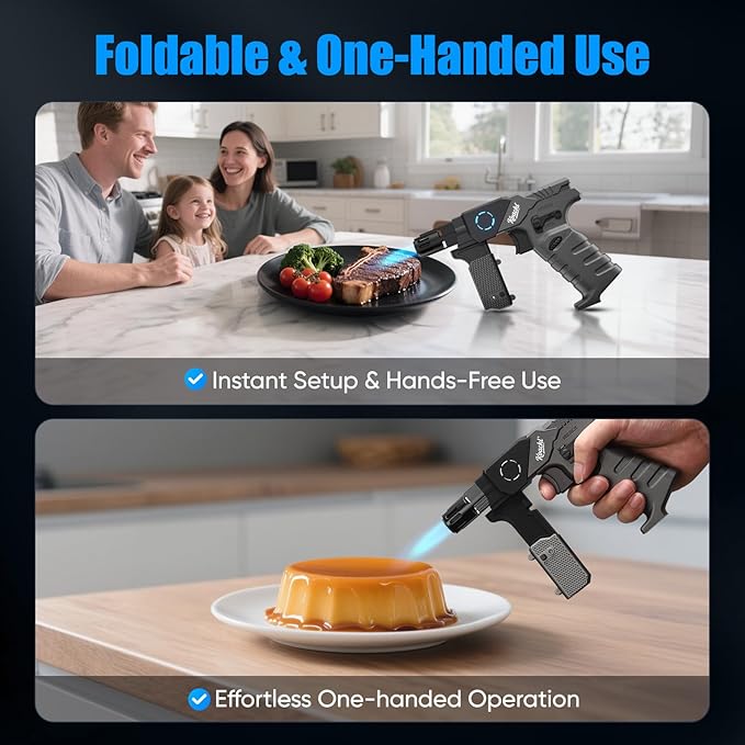 Butane Torch - Foldable Grip Kitchen Butane Torch with Safety Lock & Blue Light, Creme Brulee Torch for Cooking, BBQ & Soldering (Butane Not Included)