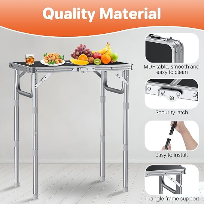 FUNYKICH 2ft Small Folding Camping Table(58x40cm), 3 Height Adjustable Portable Picnic Table, Lightweight Aluminum Outdoor Tables with Carry Handle for Camping, Picnic, Beach, Party, Silver