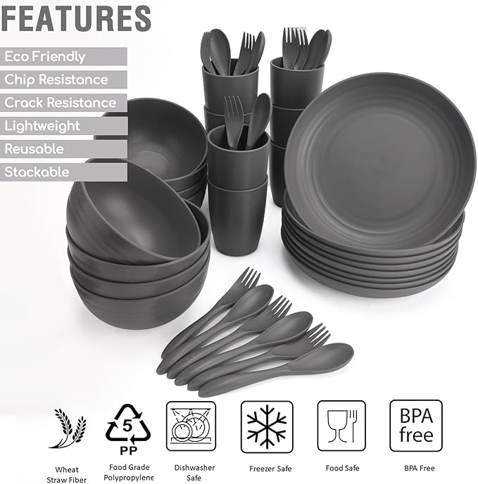 Shopwithgreen Wheat Straw Dinnerware Sets for 8, 40 PCS Unbreakable Plates and Bowls Sets, Reusable Dinner Dishes Set, Bowls, Cups,Plates for Camping, Kitchen, RV, Dorm,Dishwasher Microwave Safe