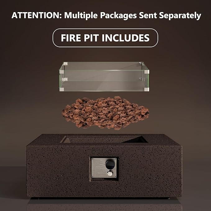COSIEST Outdoor Propane Fire Pit Coffee Table w Square Faux Stone 35-inch Base, CSA Certified, 50,000 BTU Stainless Steel Burner, Free Lava Rocks and Rain Cover, Wind Guard, Brown