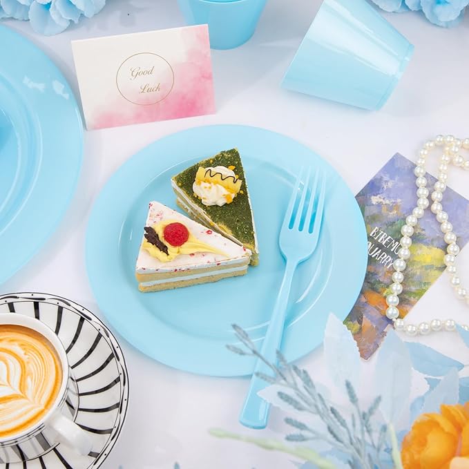 KIRE 150 Piece Blue Plastic Plates Disposable - Blue Dinnerware Set Includes 25 Dinner Plates, 25 Salad Plates, 25 Utensils Set 25 Clear Cups for Birthday/Picnic/Baby Shower