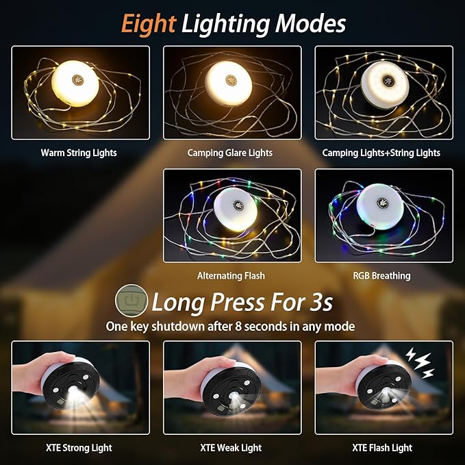 Camping String Lights, 4 in 1 Portable Camping Light Rechargeable, 8 Lighting Modes, USB Charging, Quick Storage, 32.8FT Waterproof Tent Lights String for Camping, Hiking, Yard, Christmas, Black