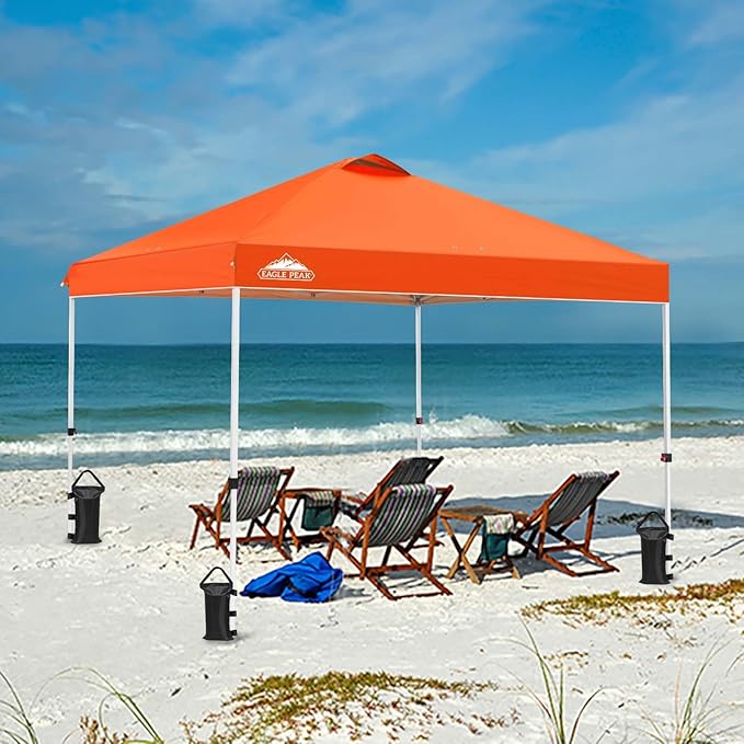 EAGLE PEAK Pop Up Canopy Tent with Wheeled Carry Bag, 8 Stakes, 4 Ropes, 4 Weight Bags, Easy Set Up Tent Canopy, 10x10 ft, 100sqft of Shade, Orange