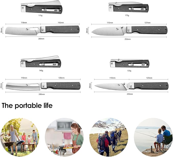 SENBON 440 Stainless Steel Sharp Set Folding Chef Knife Peeling Knife Fruit Knife Carbon Fiber Handle Camping Barbecue Outdoor Portable Kitchen Knife with Back Clip