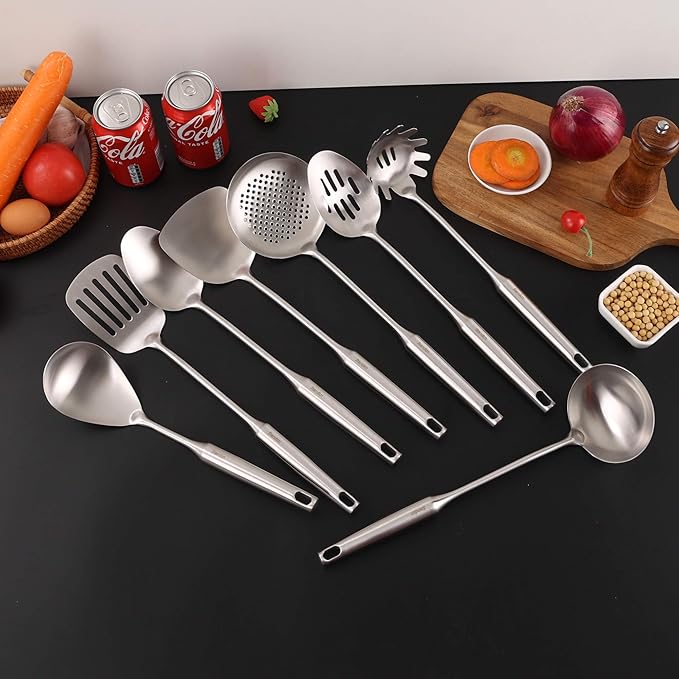 18/10 Stainless Steel Kitchen Utensils Set - 15” All Metal Cooking Tools & Serving Utensils, 8 PCS - Solid Spoon, Slotted Spoon, Spatula, Ladle, Skimmer, Tunner, Spaghetti Spoon, Large Spoon Set