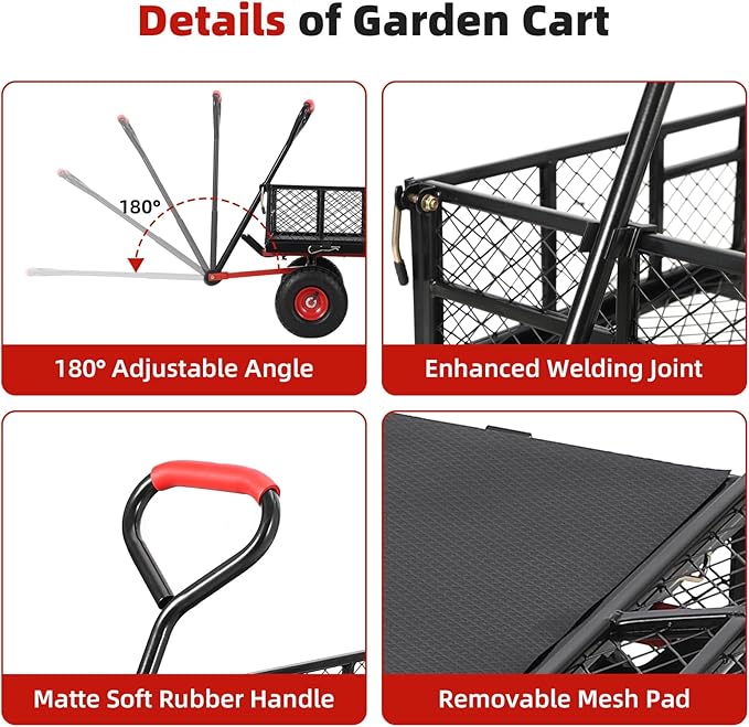 Heavy Duty Steel Garden Dump Cart 880 Lbs Capacity, Metal Garden Wagon with Removable Mesh Sides, Utility Metal Dump Wagon with 180° Rotating Handle, 10-inch All Terrain Wheels & Utility Liner