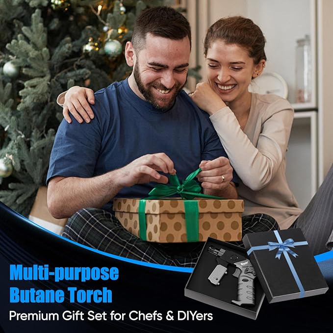 Butane Torch - Foldable Grip Kitchen Butane Torch with Safety Lock & Blue Light, Creme Brulee Torch for Cooking, BBQ & Soldering (Butane Not Included)