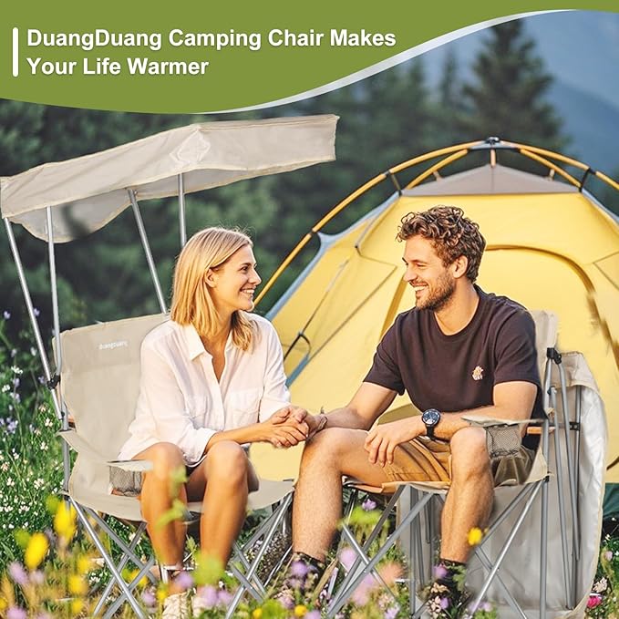 Camping Chair 2 Pack Portable Camping Chair with Canopy,Folding Chair with Canopy, Durable 600D Oxford Canopy Chair for Camping, Beach, Picnics, Fishing & Sports,Straight Edge Beige