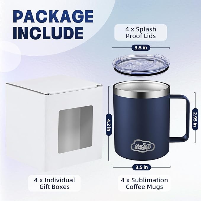 12oz Insulated Coffee Mug with Handle, Stainless Steel Wide Mouth Travel Tumblers with Lid, Double Wall Vacuum Coffee Cup for Camping, Office, Navy Blue 4 Pack