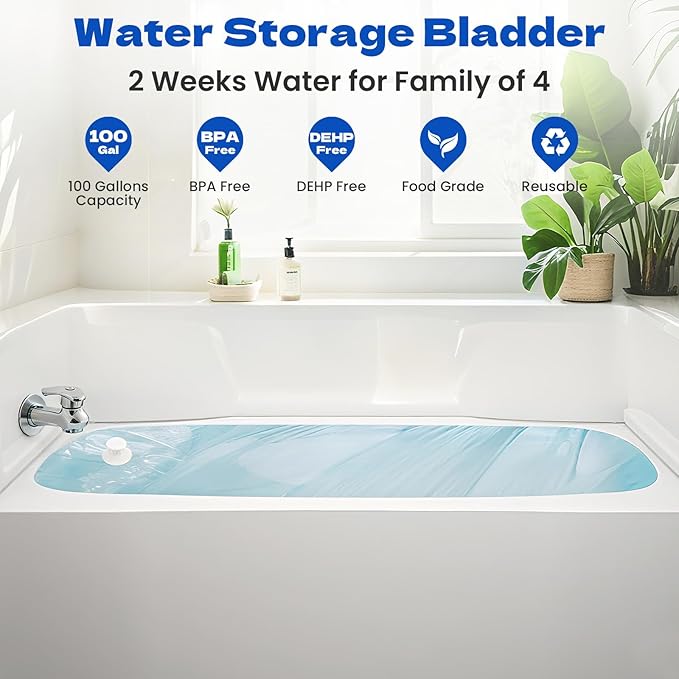 Water Storage Bladder - 100 Gallon Emergency Bathtub Drinking Water Container for Hurricane & Disaster Survival, BPA-Free Food Grade Safe, for Family Preparedness, Camping, Gardening