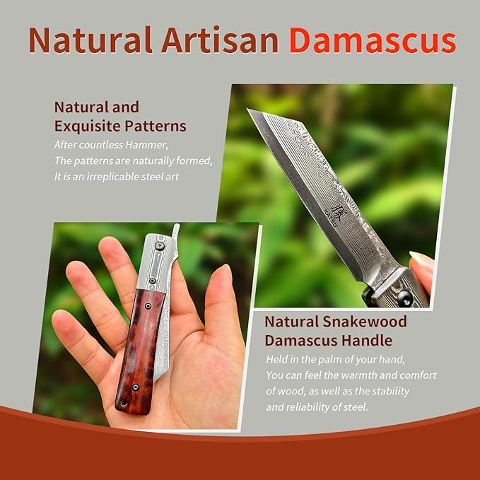 KATSU Handmade Damascus Pocket Knife Wood Handle, Japanese Razor Folding Knives for Men Linner Lock,Snake Wood Damascus Blade Flipper Knife with Leather Sheath Camping Hiking
