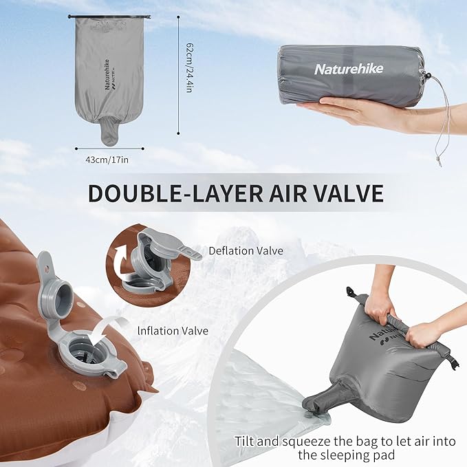 Naturehike Ultralight Insulated Sleeping Pad with R5.8, 3.2in Thickened Patchworkable Inflatable Double Sleeping Mat for Camping, Hiking, Climbing with Inflatable Bag