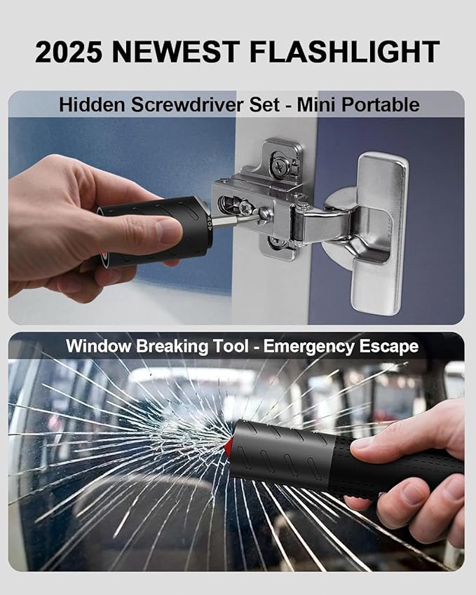 Rechargeable Flashlight, Includes Screwdriver, Window Breaker, 4 Main Lighting Modes, 3 Side Lighting Modes, High and Low Beam, Magnetic Rechargeable Flashlight for Home, Car, Hiking, Camping