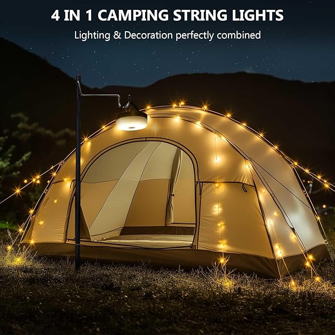 Camping String Lights, 4 in 1 Quick Storage Camping Essentials Gear, 32.8FT Solar Camping String Lights with 8 Lighting Modes & Timer, Hanging Waterproof Portable LED Lamp for Camping Gear