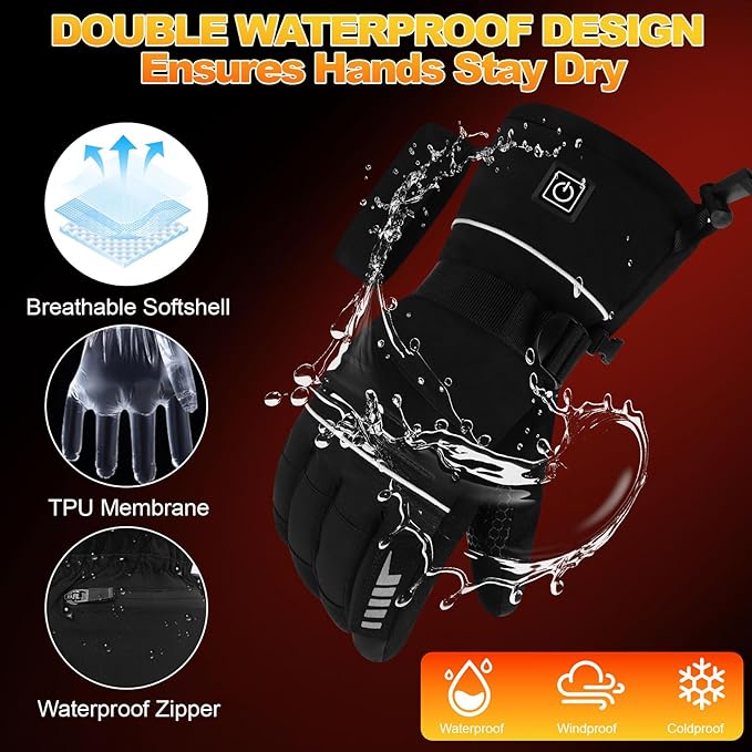 Heated Gloves for Men Women Rechargeable Electric Gloves 7.4V 3200mAh Battery Powered, Waterproof Windproof Thermal Gloves Ideal for Snow Sports, Camping & Skiing Raynaud's Arthritis