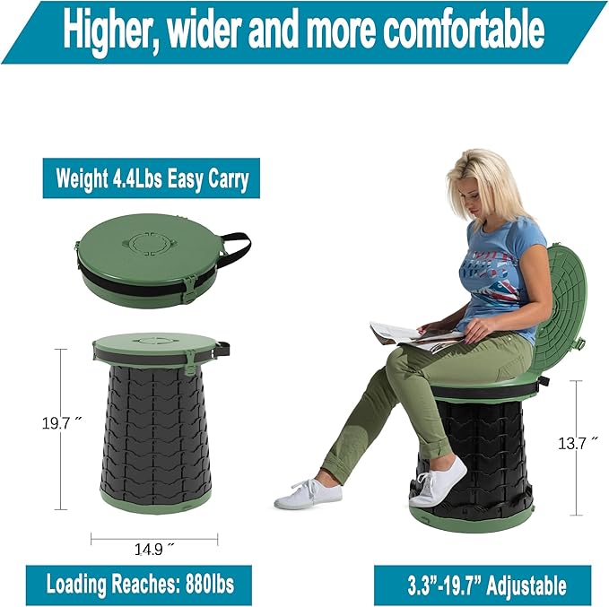 ALEVMOOM XXL Portable Toilet - 19.7" H Taller Wider Collapsible Foldable Camping Toilet with Lid, Strap, Bag - Adjustable for Camping, Hiking, Travel and Car