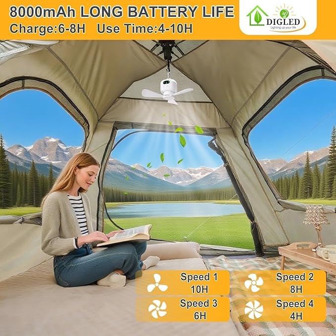 Battery Operated Ceiling Fan: 11" Portable Camping RV Tent Fan with Lights - Outdoor Hanging Rechargeable 8000mAh - Hook Type Remote Fans for Gazebo Patio Canopy Beach Dormitory Bedroom 5V/2A