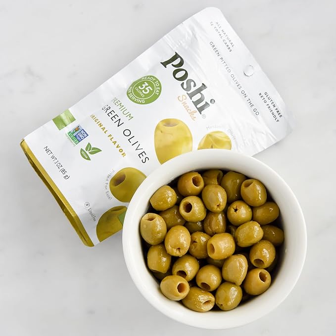 Poshi Green Olives On-The-Go - Original Flavor - Single Serve Pitted Olives - Convenient and Healthy Snack Packs - All Natural, Non-GMO, Kosher, Gluten-Free - 3 Oz Bags (6/Pack)