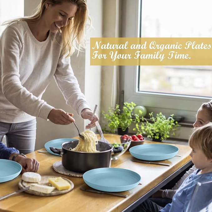 Wheat Straw Plates - 10 Inch Unbreakable Deep Dinner Plate Set of 8 - Dishwasher & Microwave Safe Plastic Plates Reusable - Lightweight Plate for Kitchen,Outdoor, RV. (Light Blue)