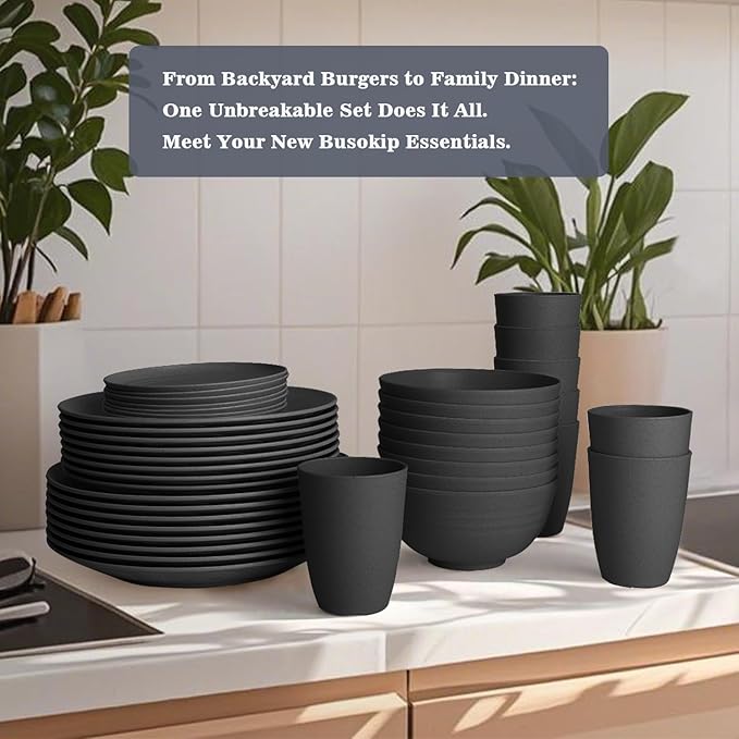 Wheat Straw Dinnerware Sets 40 PCS- Unbreakable Dishes Set for 8, Dishwasher and Microwave Safe Plates and Bowls Sets, Reusable Plastic Plates, Bowls, Drinking Cups for Camping, Party - Black