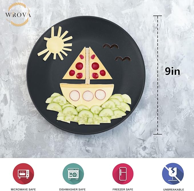 Wheat Straw Dinner Plates 9 Inch Unbreakable Set of 8 - Dishwasher & Microwave Safe Plastic Plates Reusable - Lightweight Plates for Kitchen,Camping,Apartment,Dorm,RV,Party - Black to Grey