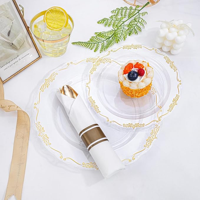 U-QE 175 Pieces Gold Plastic Plates and Napkins Party Supplies - Clear and Gold Dinnerware Set 25 Guest - 25 Dinner Plates, 25 Dessert Plates, 25 Per Rolled Napkins with Cutlery, 25 Cups 9 OZ