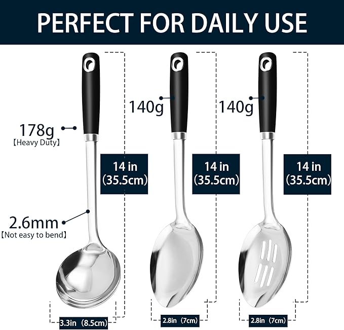 14-in Cooking Spoons Set, Heavy Duty 18/0 Stainless Steel Large Serving Spoons Set, Slotted Spoon, Cooking Spoon & Soup Ladle, Commercial and Residential Use, Pack of 3