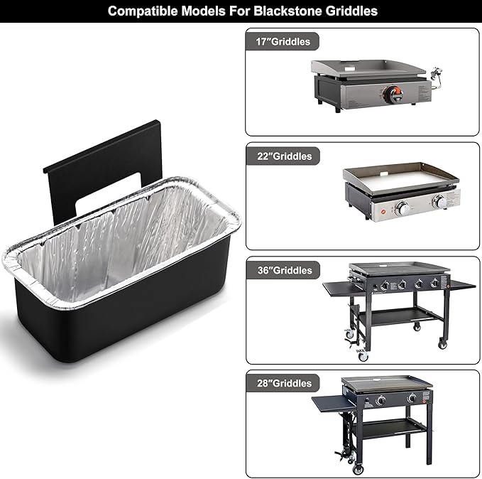 Grill Grease Catcher for Blackstone Griddle with 10 Pack Grease Cup Liners Aluminum Foil Tray Pan Drip Tray Pan for 17, 22, 28 & 36 inches Griddle (Long Hook)