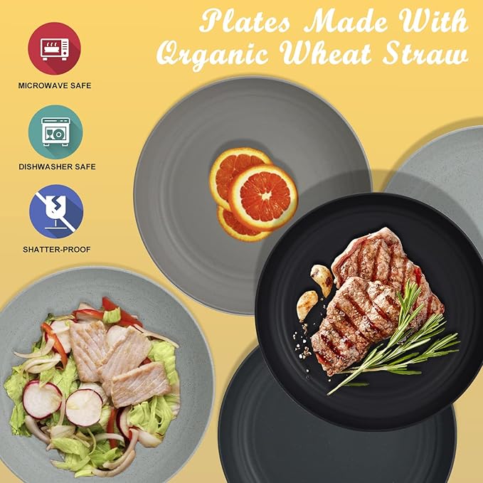 Wheat Straw Dinner Plates - 9 Inch Unbreakable Set of 8 - Dishwasher & Microwave Safe Reusable Plates - Lightweight for Kitchen & Camping (Classic Series)
