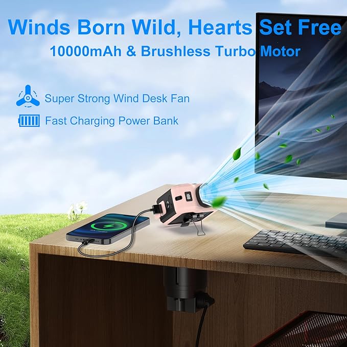 7-in-1 Multi-Use Portable Fan Hands Free Flashlight Etc,Christmas Gifts for Men Women,Turbo Powerful Cooling Personal Fan,10000mAh,24H Lasting,LED Display,Outdoor Travel Camping Fitness Gift (Pink)