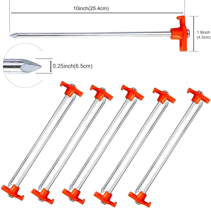 ABCCANOPY 10 Inch Tent Stakes 10 Pcs Non-Rust Metal Ground Anchors, Heavy Duty Spikes with 4 Ropes for Outdoor Camping, Reddish Orange