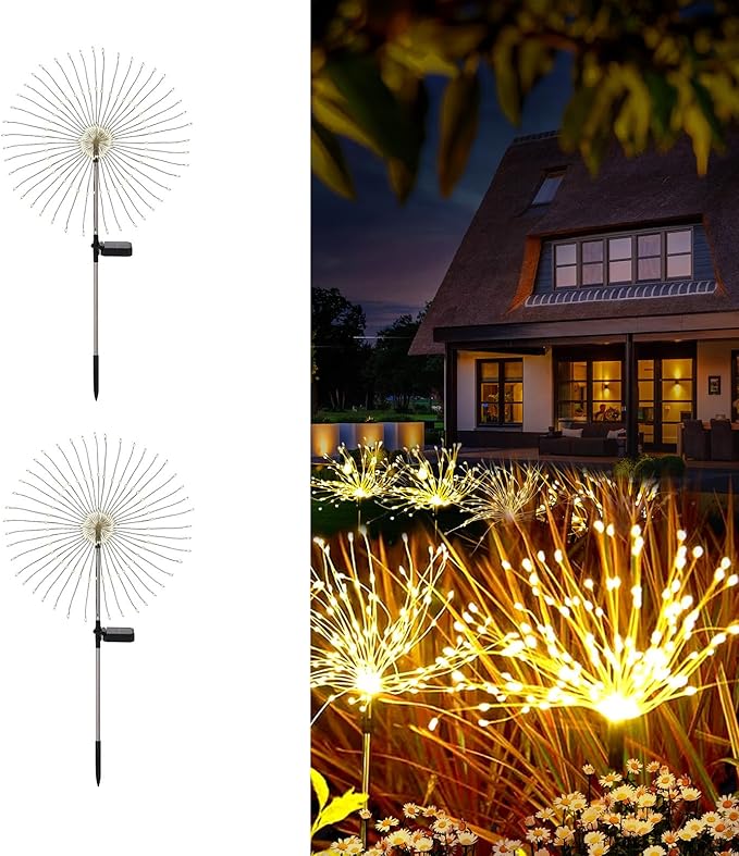 Solar Fireworks Lights for Outside, 150LED 8 Modes Fireworks Solar Lights Outdoor, Fairy Garden Flowers for Yard Pathway Wedding Party Christmas Diwali Garden Decor 2Pack (Warm White)